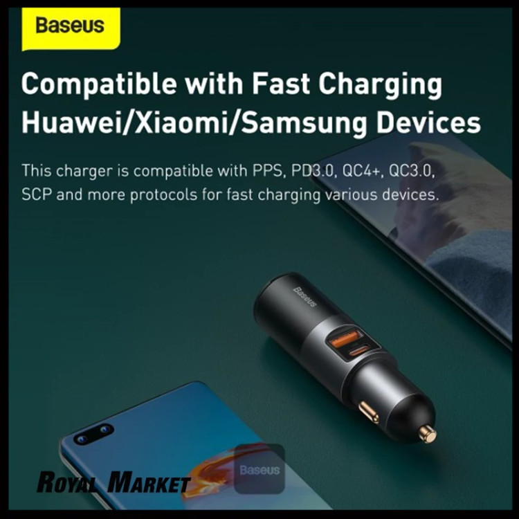 شارژر فندکی بیسوس Share Together 120W دو پورت U+C با پورت افزایشدهنده فندکی