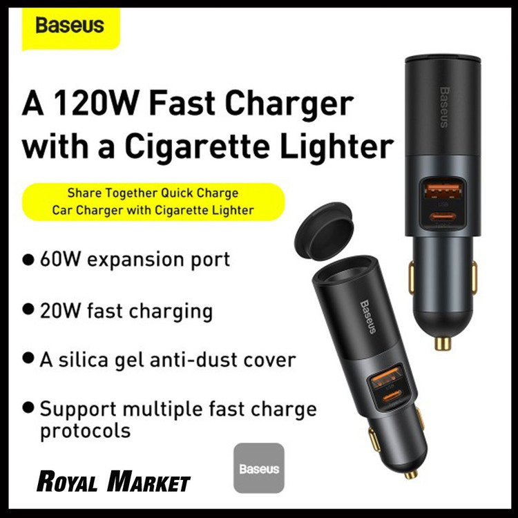 شارژر فندکی بیسوس Share Together 120W دو پورت U+C با پورت افزایشدهنده فندکی