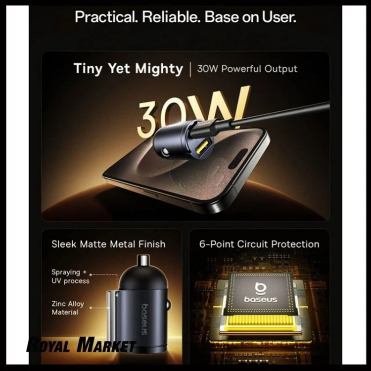 شارژر فندکی بیسوس Tiny Star Mini 30W دو پورت U+C