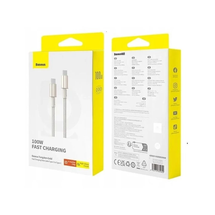 کابل شارژ سریع Type-C بیسوس Tungsten Gold توان 100 وات طول 1 متر