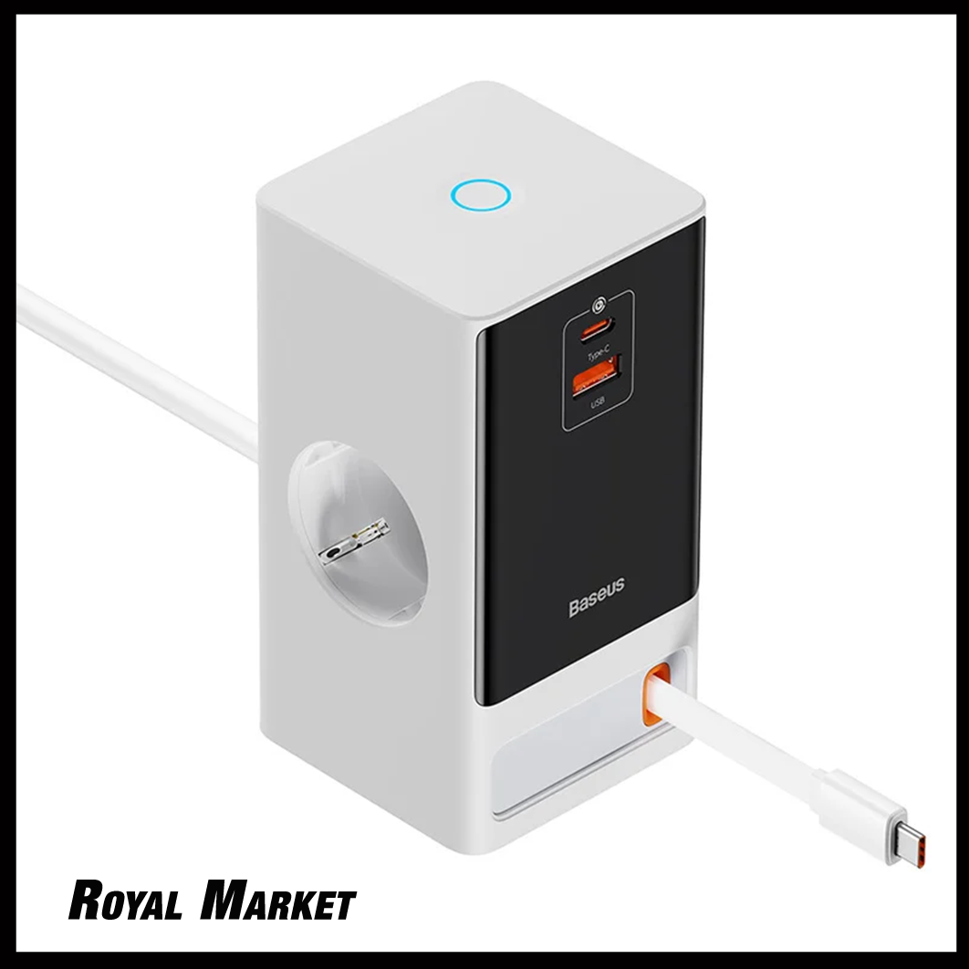 شارژر رومیزی بیسوس PowerCombo Digital 65W چهار پورت با کابل جمع‌شونده Type-C